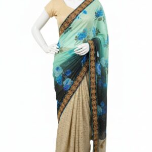 Beige & Aqua Blue Floral Designer Saree with Embroidered Border